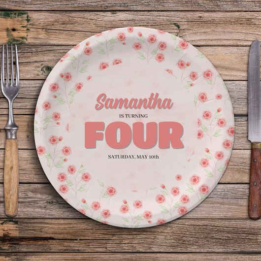 Pink Floral Fourth Birthday Girl Party Custom Pappteller