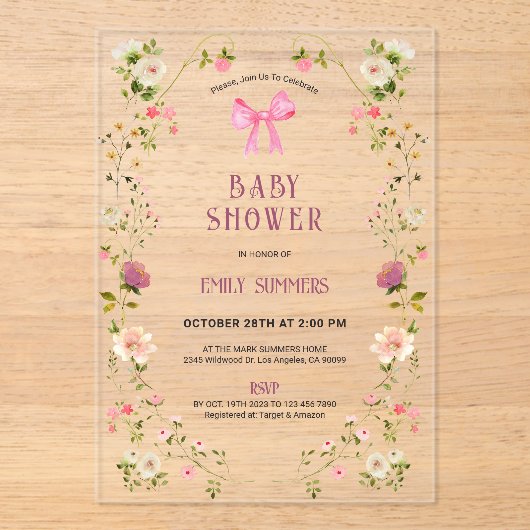 Pink Floral Frame Baby Shower Invitation Acryleinladungen (Vorderseite)