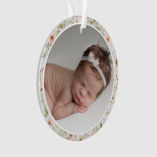 Pink Floral Frame Baby's First Christmas Ornament (Vorderseite)