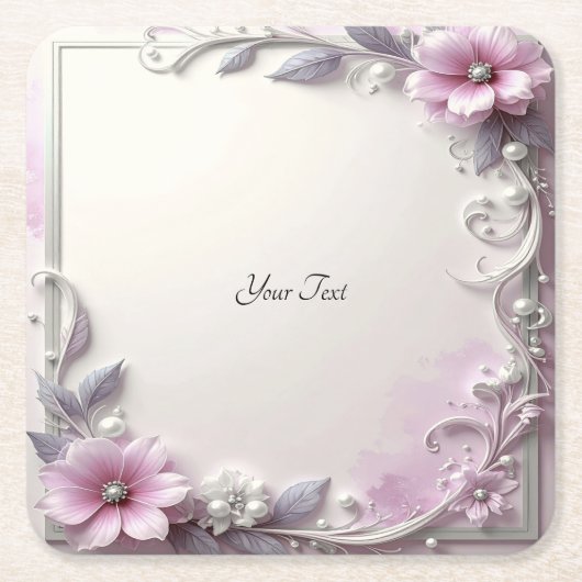 Pink Floral Frame Paper Coaster Rechteckiger Pappuntersetzer (Vorderseite)