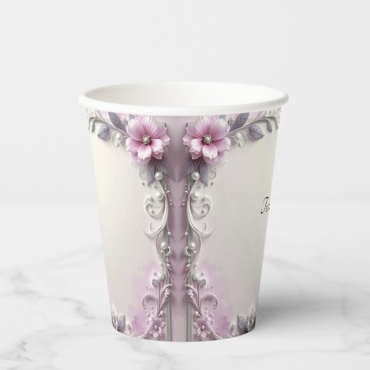 Pink Floral Frame Paper Cups Pappbecher (Vorderseite)
