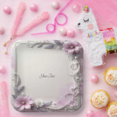 Pink Floral Frame Paper Plate Pappteller (Party)