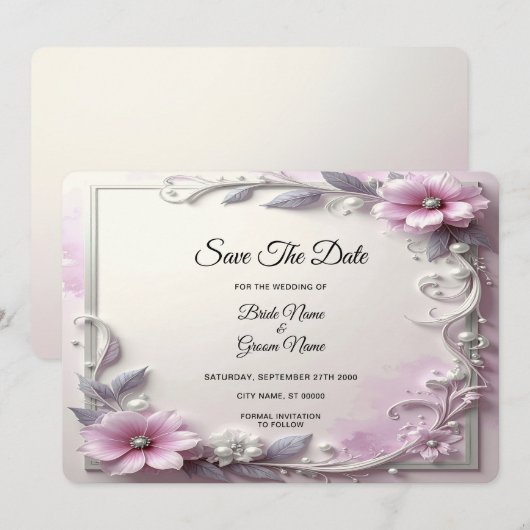 Pink Floral Frame Save The Date (Vorne/Hinten)