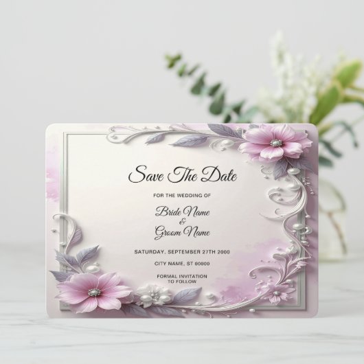 Pink Floral Frame Save The Date (Stehend Vorderseite)