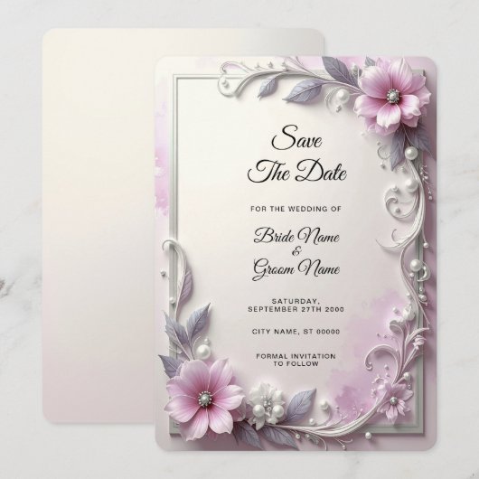Pink Floral Frame Save The Date (Vorne/Hinten)