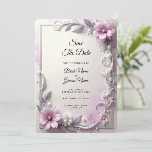 Pink Floral Frame Save The Date (Stehend Vorderseite)