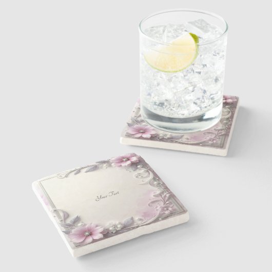 Pink Floral Frame Stone Coaster Steinuntersetzer (Seitenansicht)