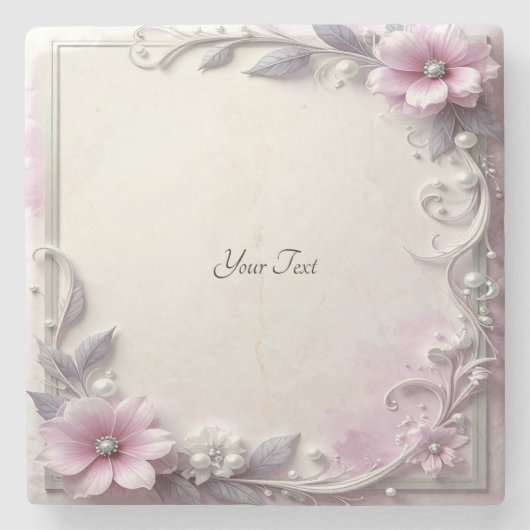 Pink Floral Frame Stone Coaster Steinuntersetzer (Vorderseite)
