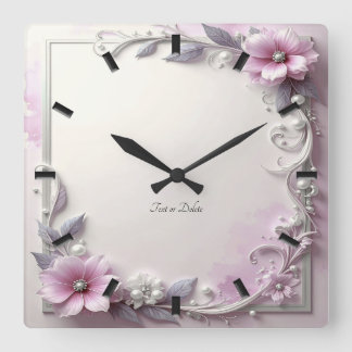 Pink Floral Frame Wall Clock Quadratische Wanduhr