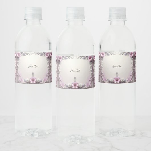 Pink Floral Frame Water Bottle Label Wasserflaschenetikett (Flaschen)
