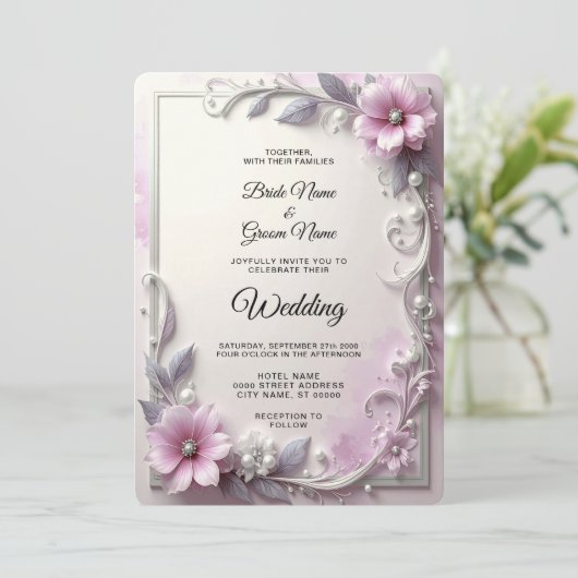 Pink Floral Frame Wedding Invitation Einladung (Stehend Vorderseite)