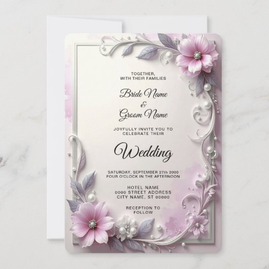 Pink Floral Frame Wedding Invitation Einladung (Vorderseite)
