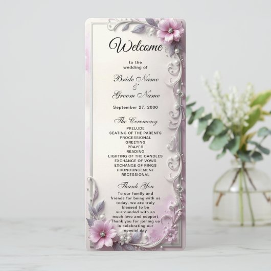 Pink Floral Frame Wedding  Programm (Stehend Vorderseite)
