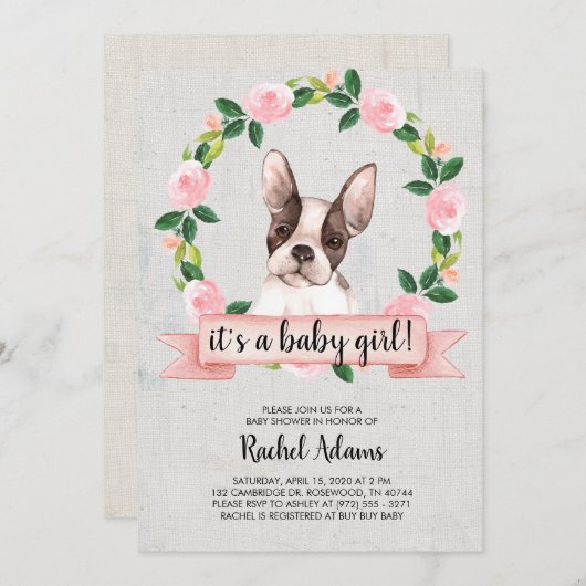 Pink Floral French Bull Dog Babydusche Einladung (Vorne/Hinten)