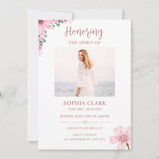 Pink Floral Funeral Invitation Celebration of Life Einladung (Vorderseite)