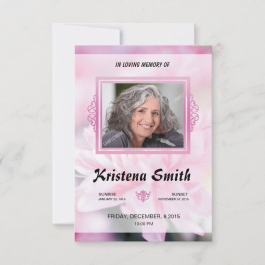 Pink Floral Funeral Program Card Template Einladung (Vorderseite)
