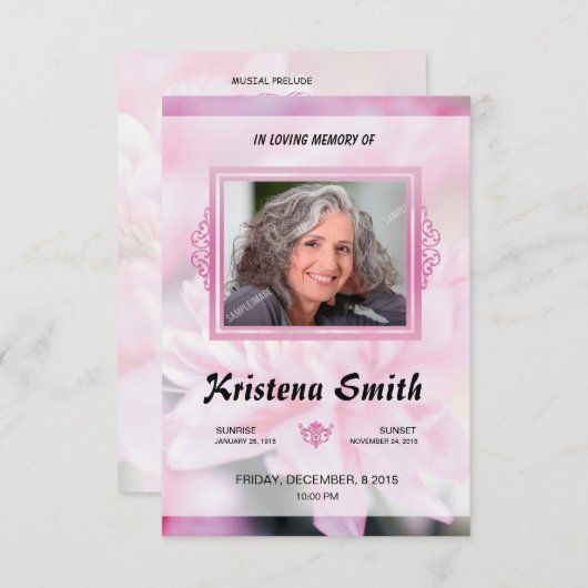 Pink Floral Funeral Program Card Template Einladung (Vorne/Hinten)