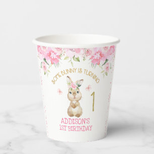 Pink Floral Furry Bunny First Birthday Paper Pappbecher
