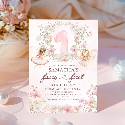 Pink Floral Garden Fairy First Birthday Einladung