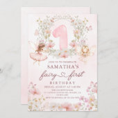 Pink Floral Garden Fairy First Birthday Einladung (Vorne/Hinten)