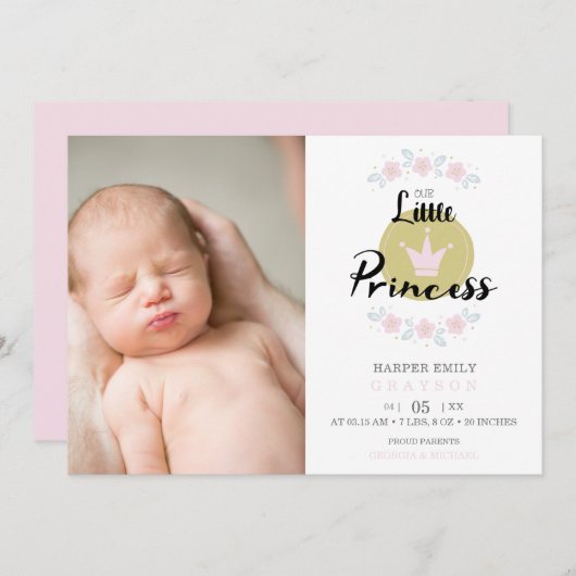 Pink Floral Garland Princess Crown Newborn Girl Ankündigung (Vorne/Hinten)