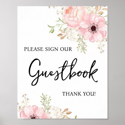 Pink Floral Gästebuch Babydusche Schild (Vorne)