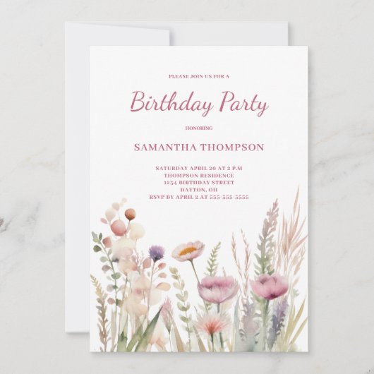 Pink Floral Geburtstag Einladung (Vorderseite)