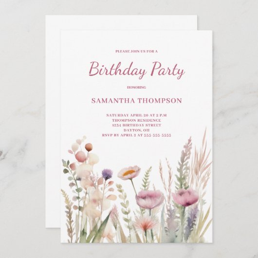 Pink Floral Geburtstag Einladung (Vorne/Hinten)