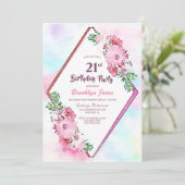 Pink Floral Geometric 21. Geburtstag Party Einladung (Stehend Vorderseite)