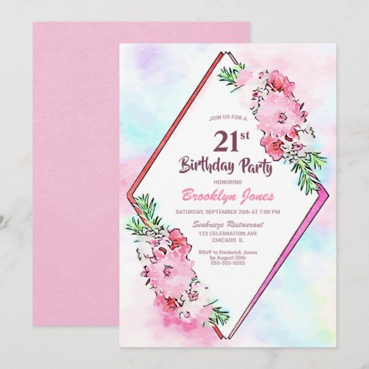 Pink Floral Geometric 21. Geburtstag Party Einladung (Vorne/Hinten)