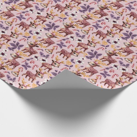 Pink Floral Gingerbrot Reindeer Candy Cane WP Geschenkpapier (Ecke)