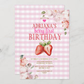 Pink Floral Gingham Berry First Birthday Einladung (Vorne/Hinten)