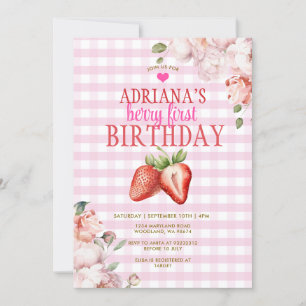 Pink Floral Gingham Berry First Birthday Einladung