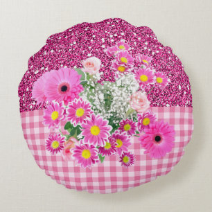 Pink Floral & Gingham Imitats Glitzer Rundes Kissen