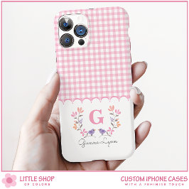 Pink Floral Gingham Monogram iPhone 16 Hülle