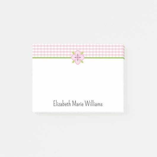 Pink Floral Gingham Muster Personalisiert Post-it Klebezettel (Vorderseite)