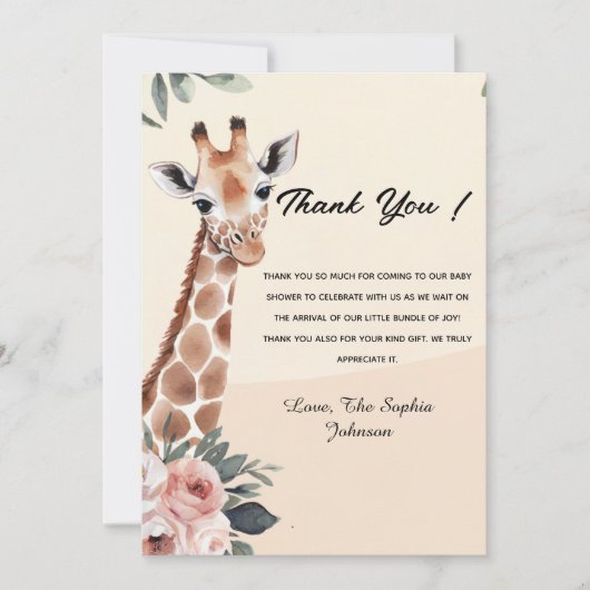 Pink Floral Giraffe Safari Baby Dusche Danke (Vorderseite)