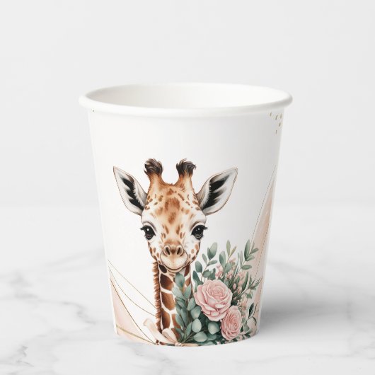 Pink Floral Giraffe Safari Baby Shooting Paper Cup Pappbecher (Vorderseite)
