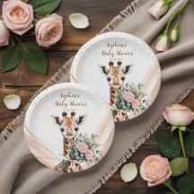 Pink Floral Giraffe Safari Baby Shower Paper Plaka