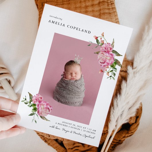 Pink Floral Girl Baby Foto Geburtsankündigung Ankündigung