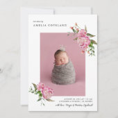 Pink Floral Girl Baby Foto Geburtsankündigung Ankündigung (Vorderseite)