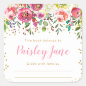Pink Floral Girl Babydusche Buchzeichen Quadratischer Aufkleber (Vorderseite)