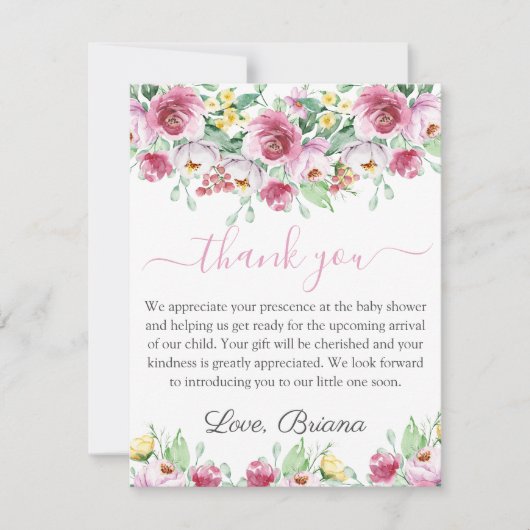 Pink Floral Girl Babydusche Danke Karte (Vorderseite)