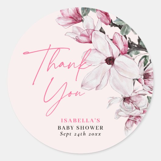 Pink Floral Girl Babydusche Danke Runder Aufkleber (Vorderseite)