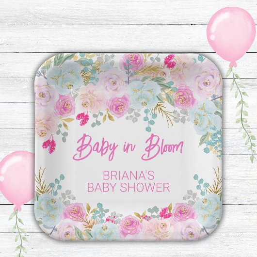Pink Floral Girl Babydusche Pappteller