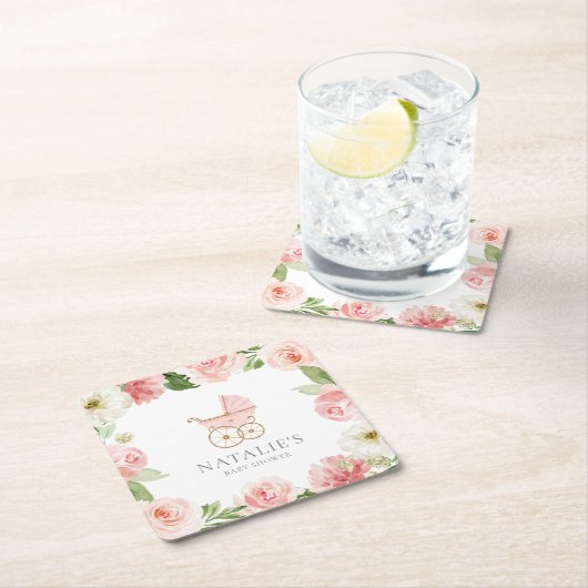 Pink Floral Girl Babydusche Square Paper Untersetz Rechteckiger Pappuntersetzer (Vor Ort)