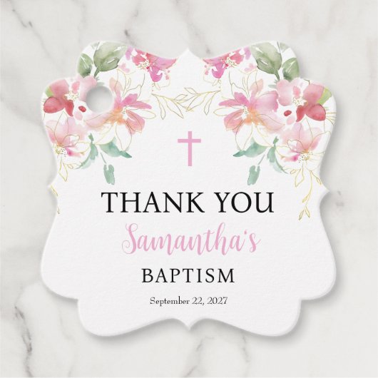 Pink Floral Girl Baptisse Tag Geschenkanhänger (Vorderseite)