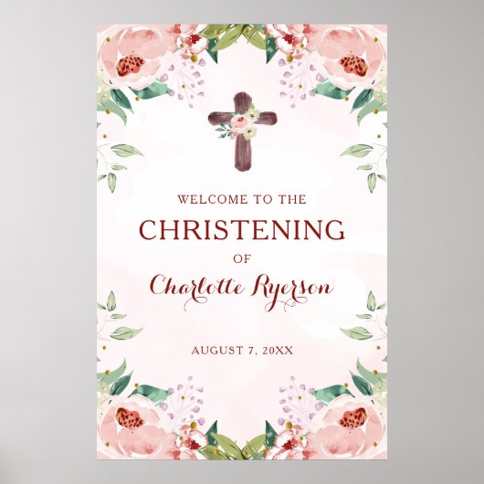Pink Floral Girl Christening Welcome Poster (Vorne)