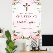 Pink Floral Girl Christening Welcome Poster (Heimbüro)
