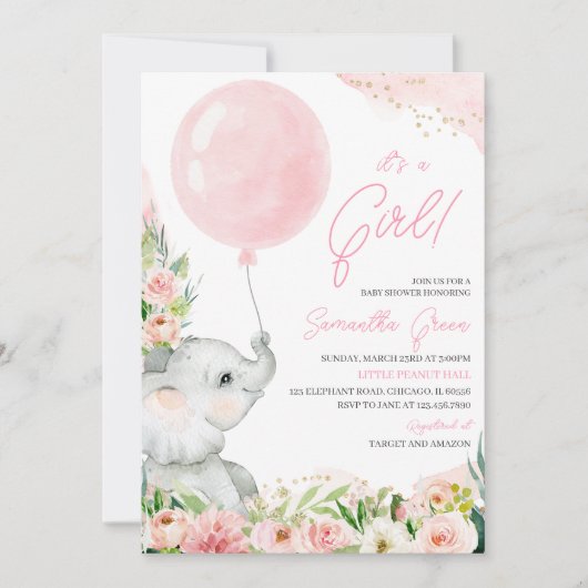 Pink Floral Girl Elephant Baby Dusche Einladung (Vorderseite)